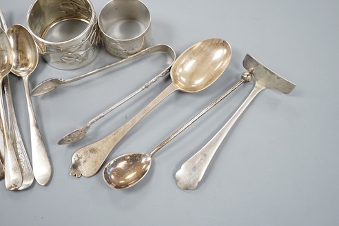 A silver napkin ring, a small quantity of assorted silver flatware and an 800 napkin ring, gross 12.5oz.